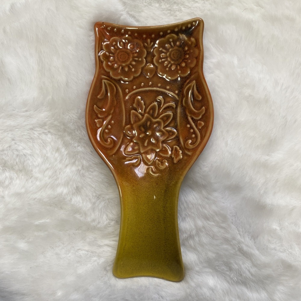 Cracker Barrel Owl Glazed Stoneware Spoon Rest Brown Yellow Retro 70s Style